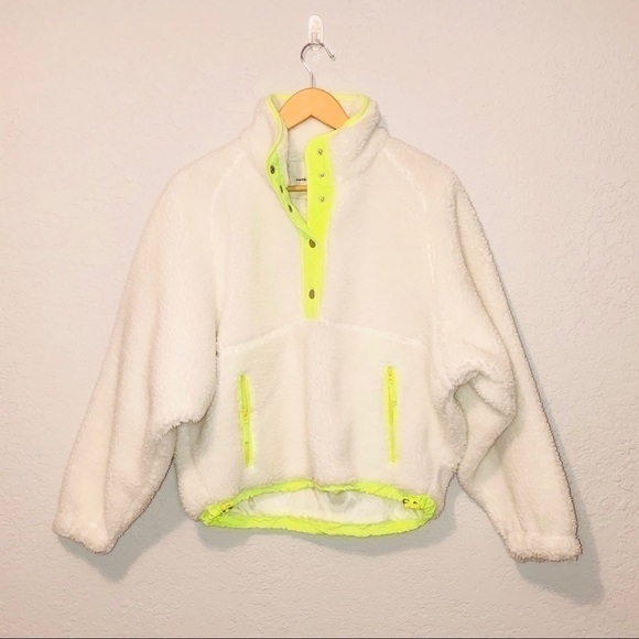 NWOT AEO White & Neon Sherpa Pullover Sweater - Picture 2 of 15